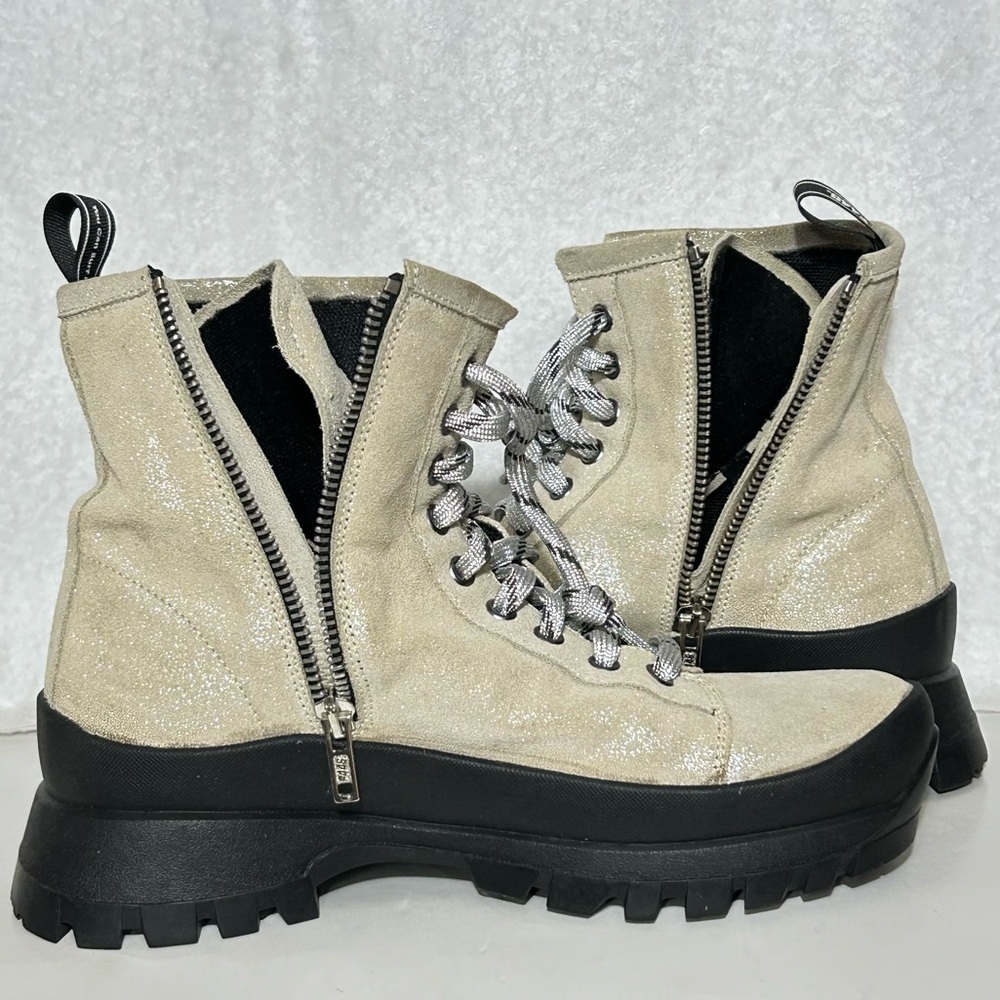 P448. Womens Denise Shimmery Beige Leather Vibram Platform Sneaker Booties EU 36 - Picture 8 of 13